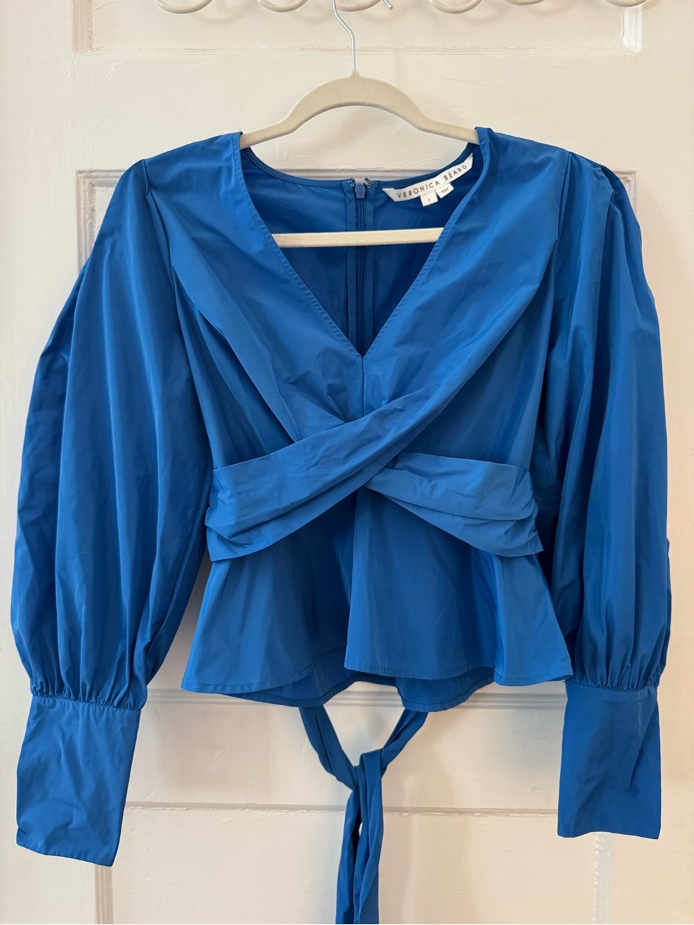 Veronica Beard Cobalt Twist-Front Peplum Blouse